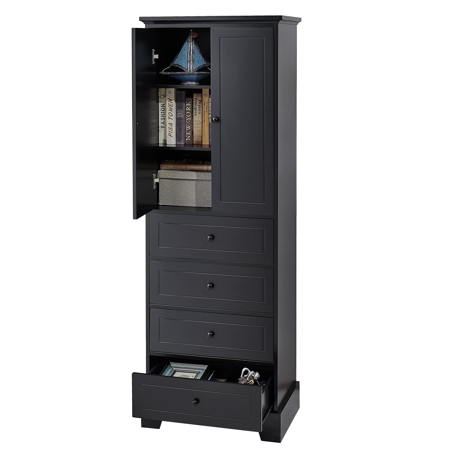 Storage Cabinet with 2 Doors and 4 Drawers, Black