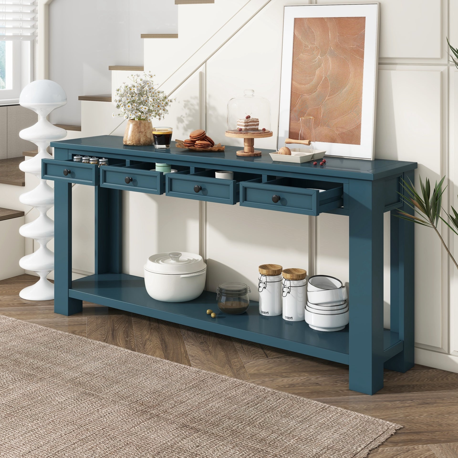 Blue Solid Wood Entryway Console Table