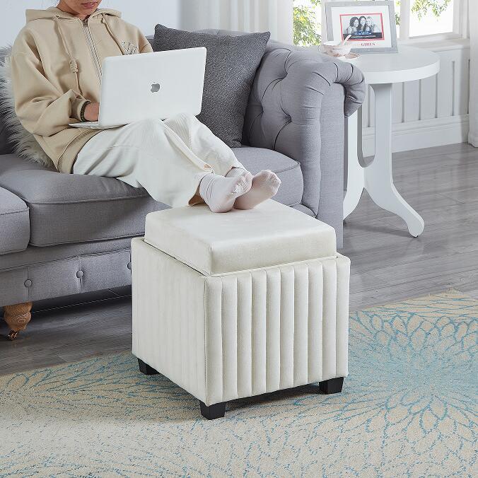 Contemporary Velvet Cube Ottoman Footrest with Coffee Tray