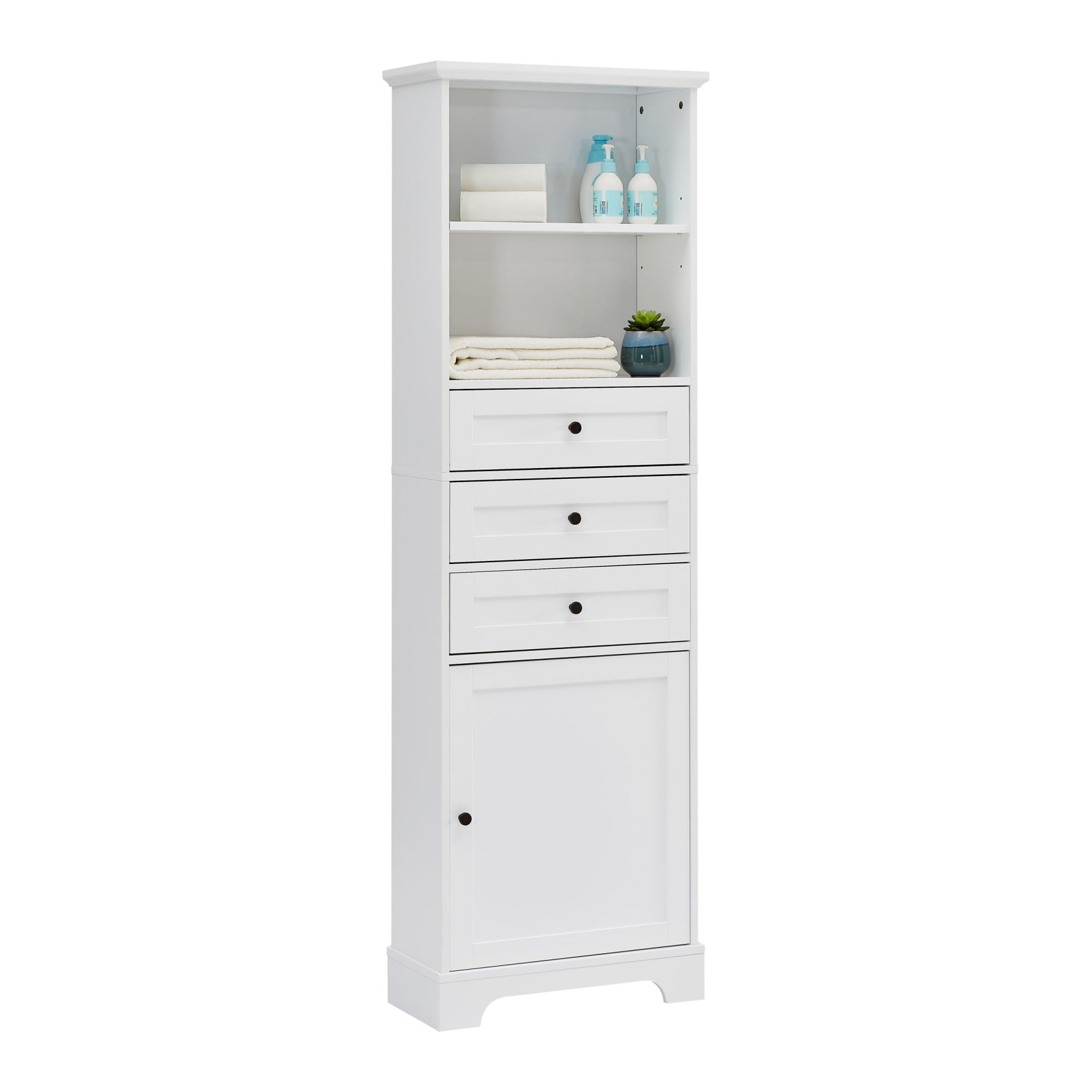 Tall Storage Cabinet with 3 Drawers and Adjustable Shelves