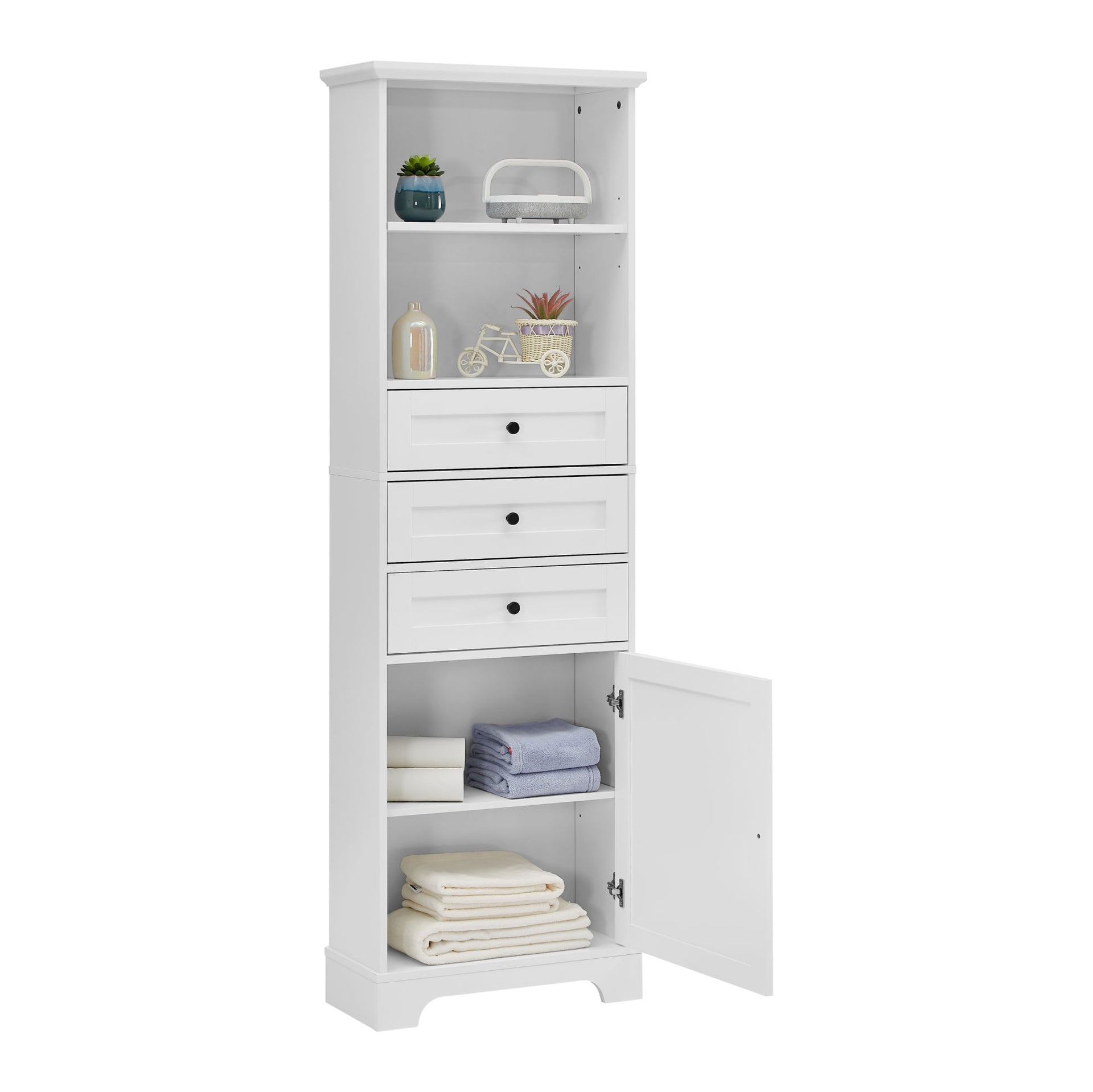 Tall Storage Cabinet with 3 Drawers and Adjustable Shelves