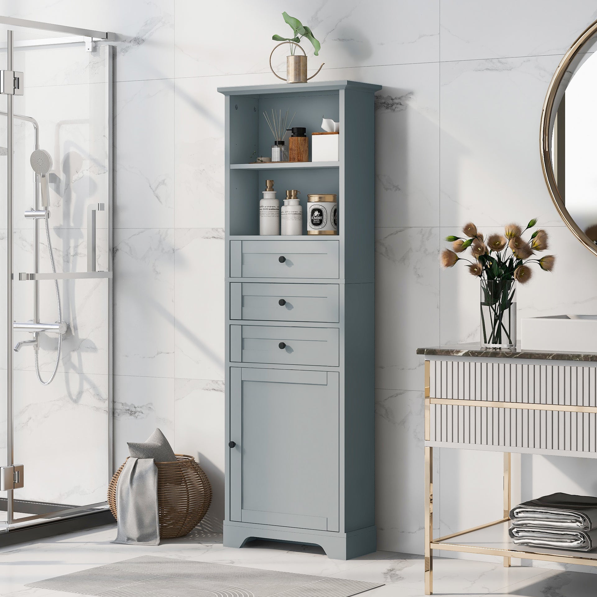 Tall Storage Cabinet with 3 Drawers and Adjustable Shelves