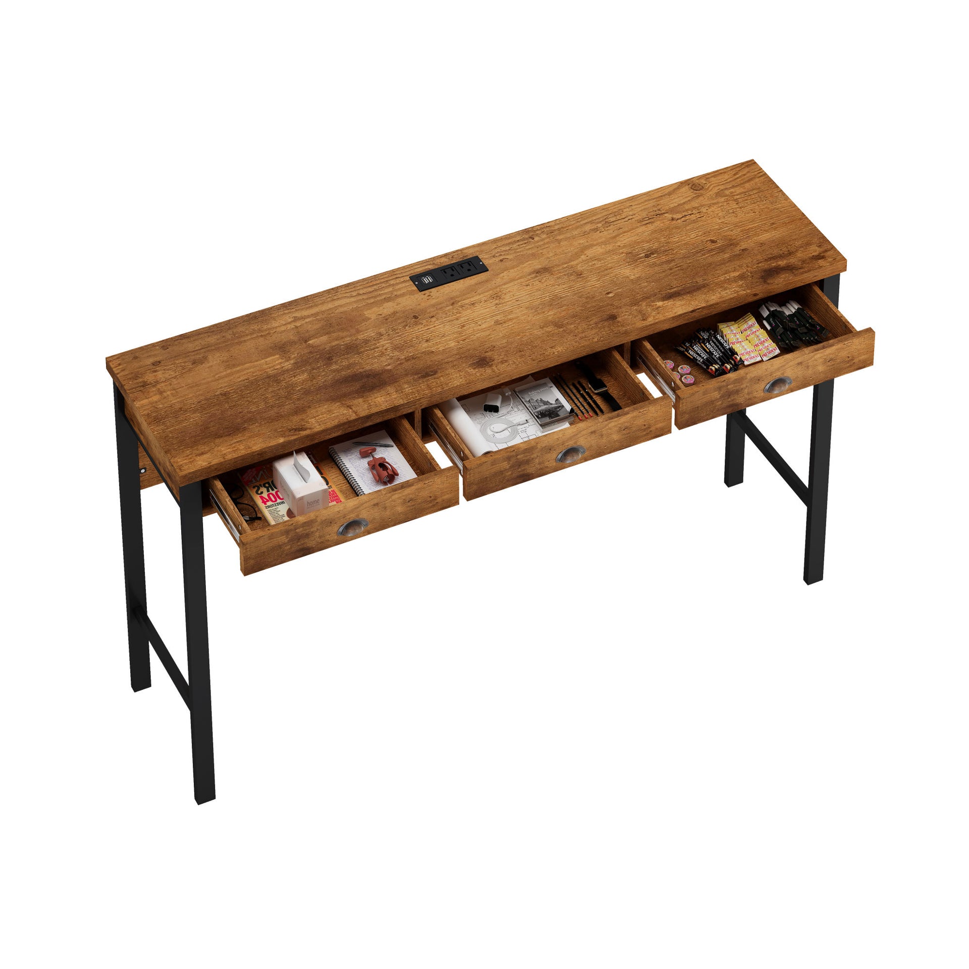 3-Drawer Long Dining Bar Table Set with Power Outlets