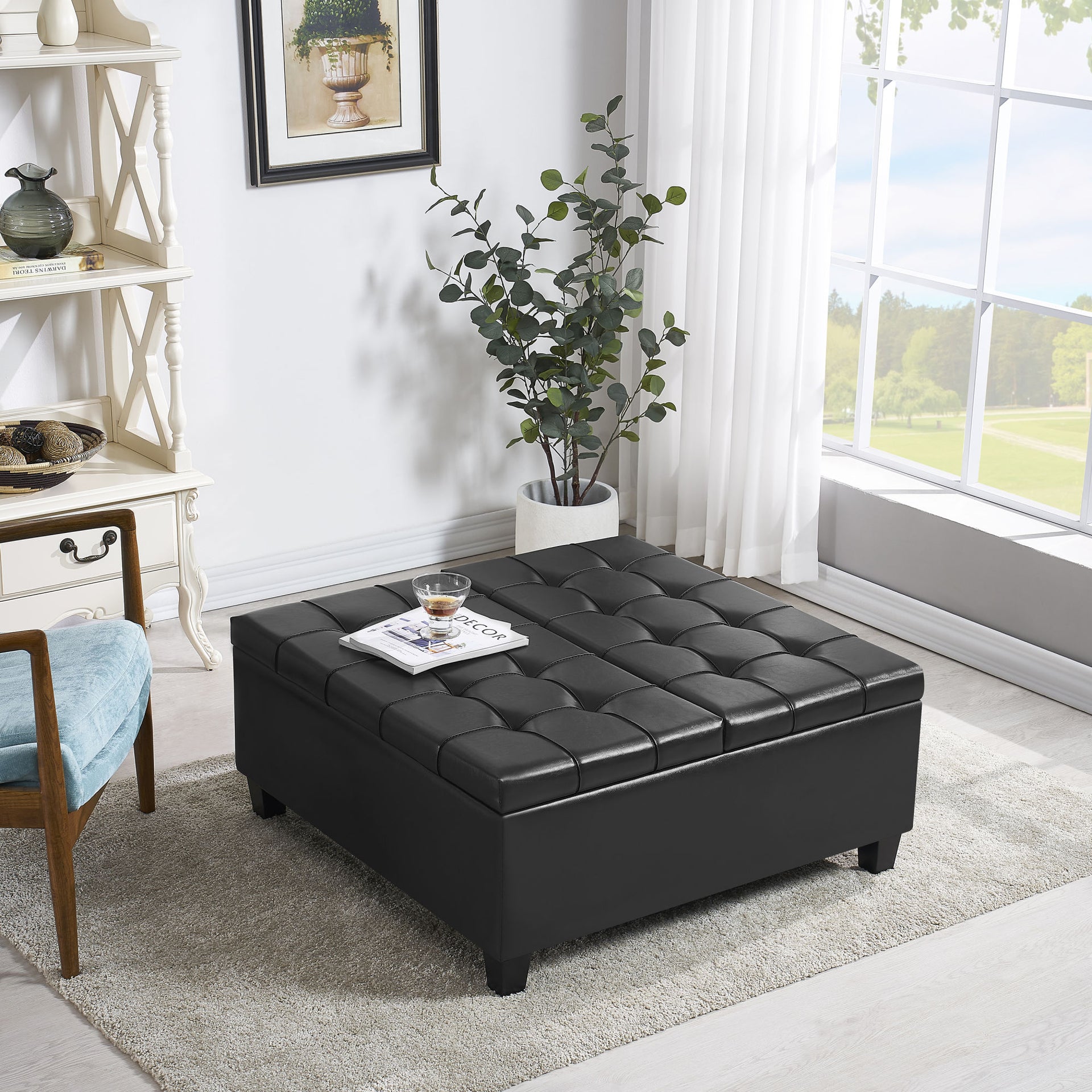 Large Faux Leather Storage Ottoman, Black