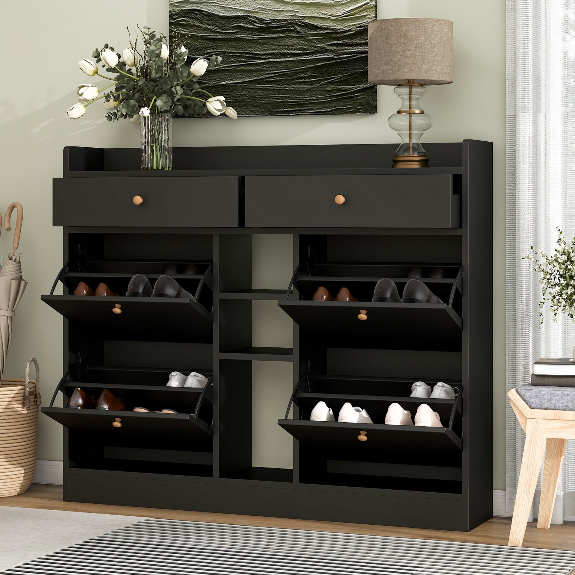 Modern Shoe Cabinet with 4 Flip Drawers, Black.