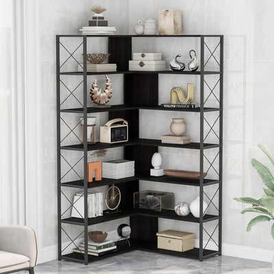 7-Tier L-Shaped Corner Bookcase with Metal Frame