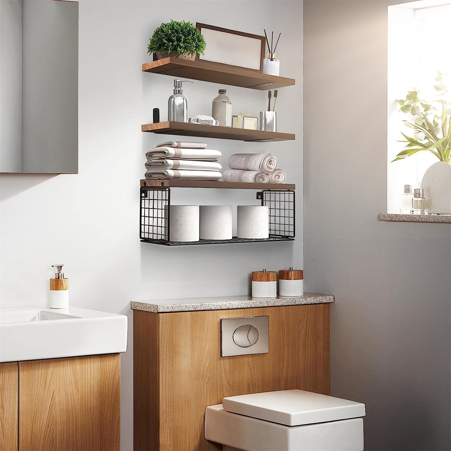 Wall Mounted Floating Shelves with Storage Basket