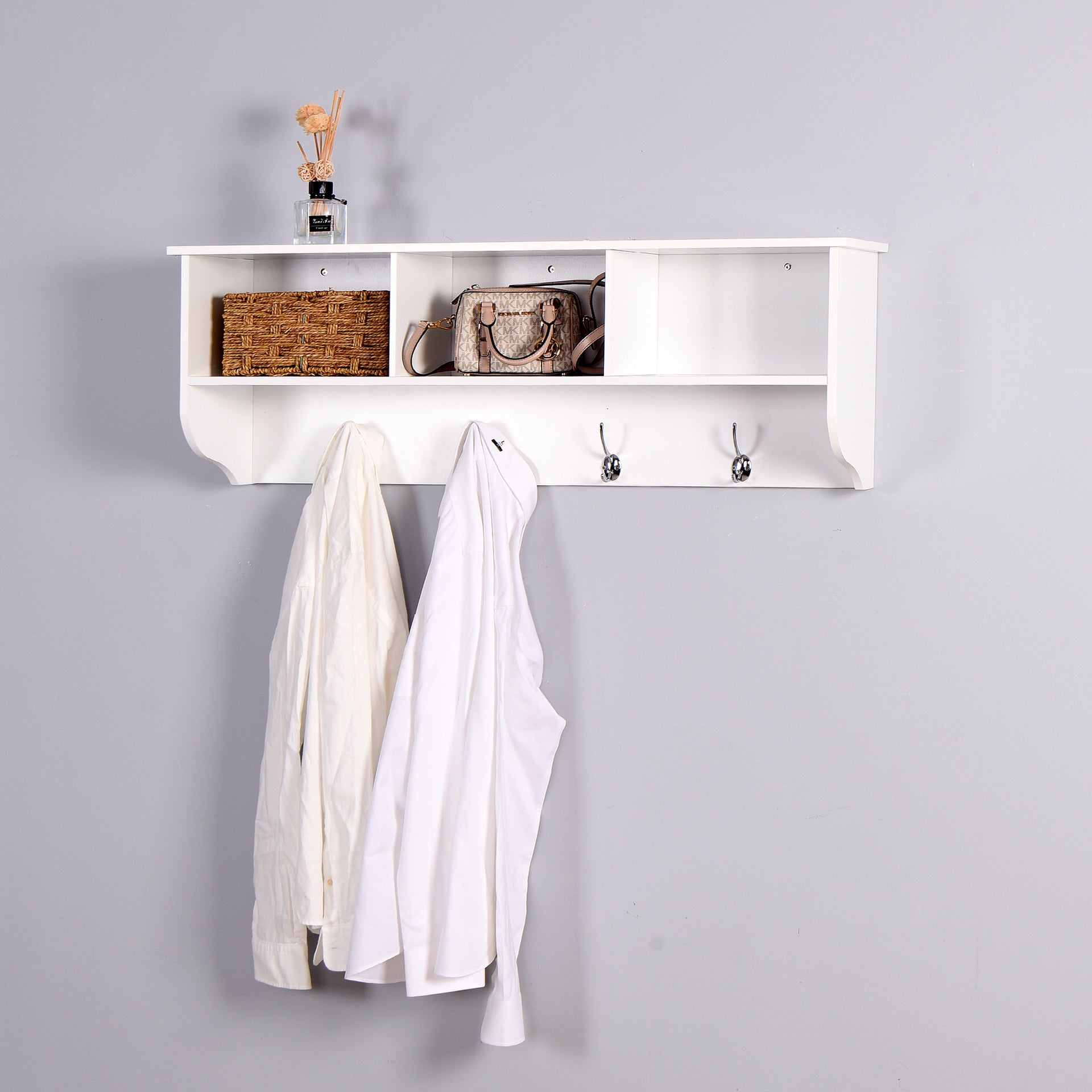 Entryway Wall Mounted Coat Rack with Hooks and Shelf Compartments
