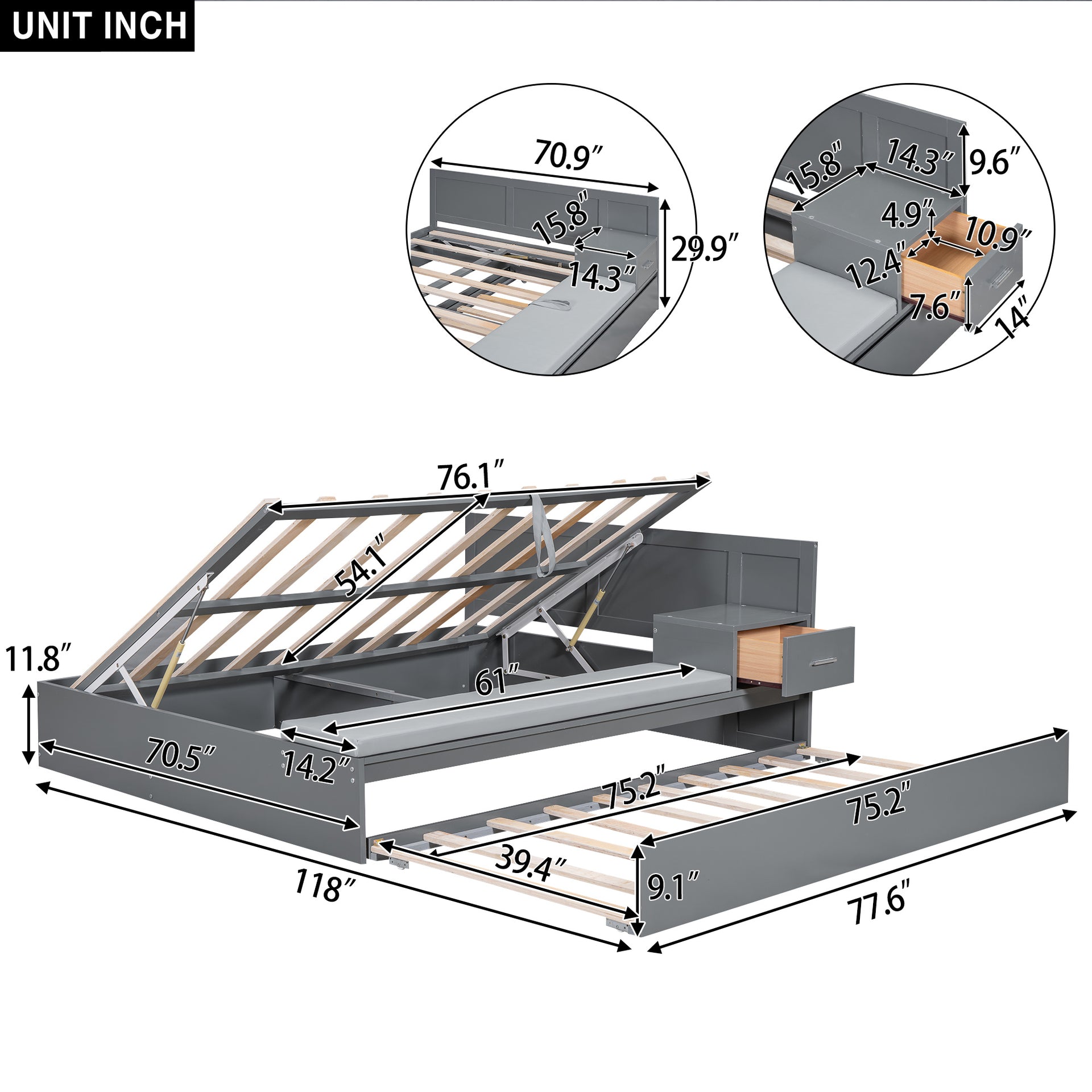 Full Size Hydraulic Platform Bed with Twin Size Trundle, Under-Bed Storage, Side Table and Bench