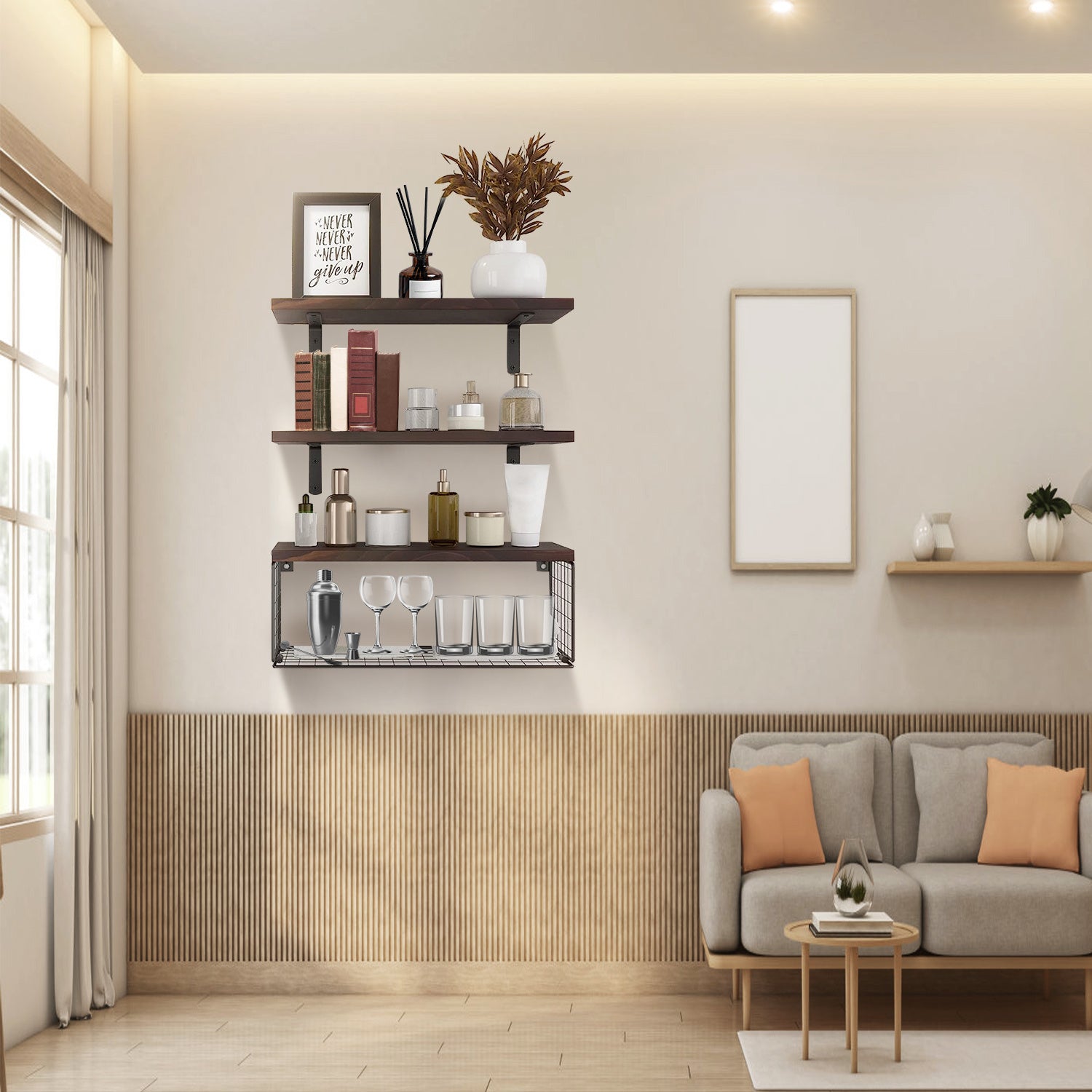 Wall Mounted Floating Shelves with Storage Basket