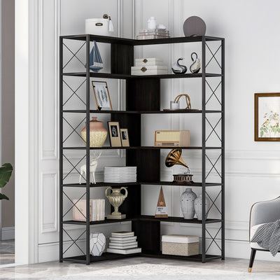 7-Tier L-Shaped Corner Bookcase with Metal Frame