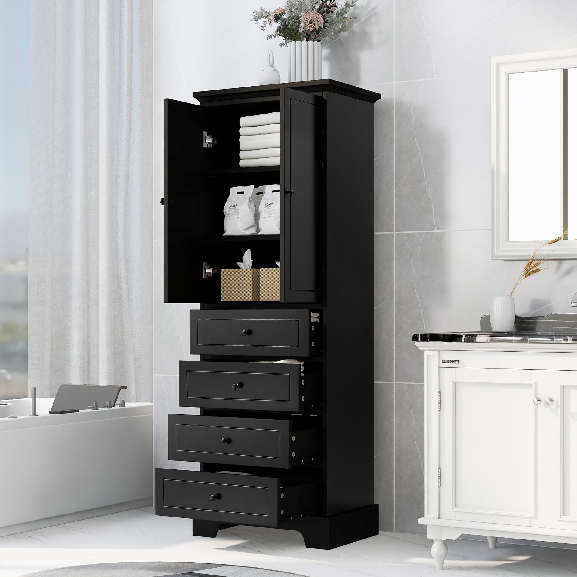 Storage Cabinet with 2 Doors and 4 Drawers, Black