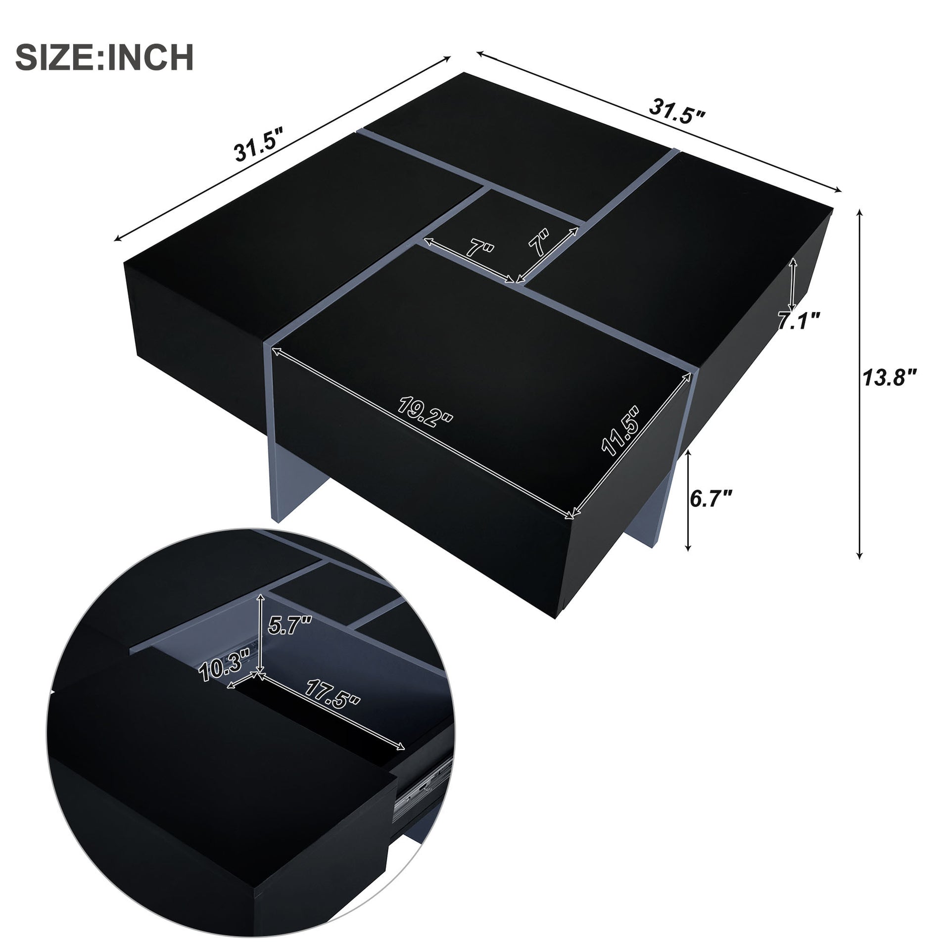 Black High Gloss Square Coffee Table with 4 Hidden Storage Compartments