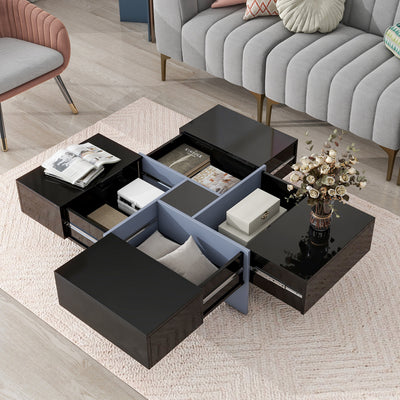 Black High Gloss Square Coffee Table with 4 Hidden Storage Compartments