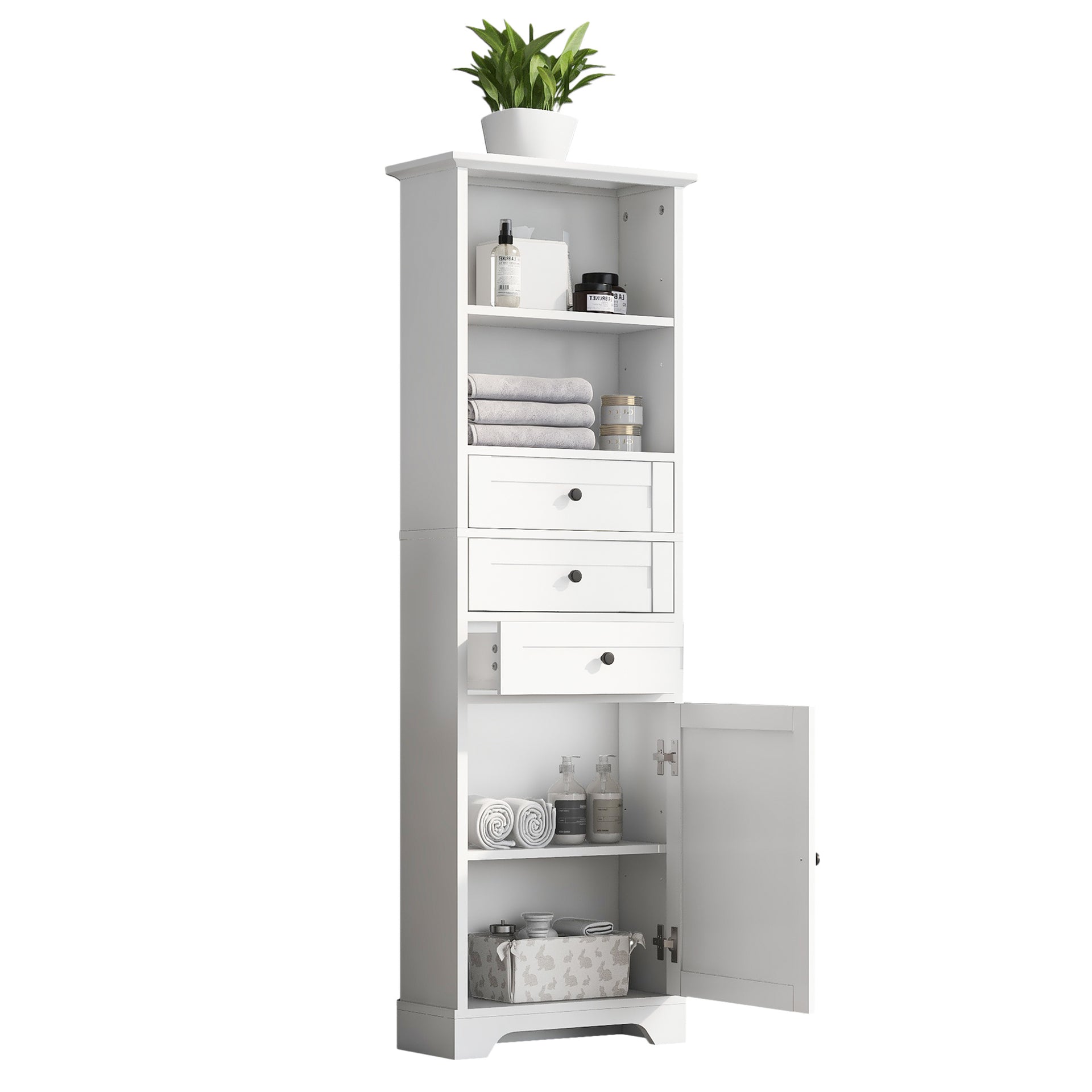 Tall Storage Cabinet with 3 Drawers and Adjustable Shelves