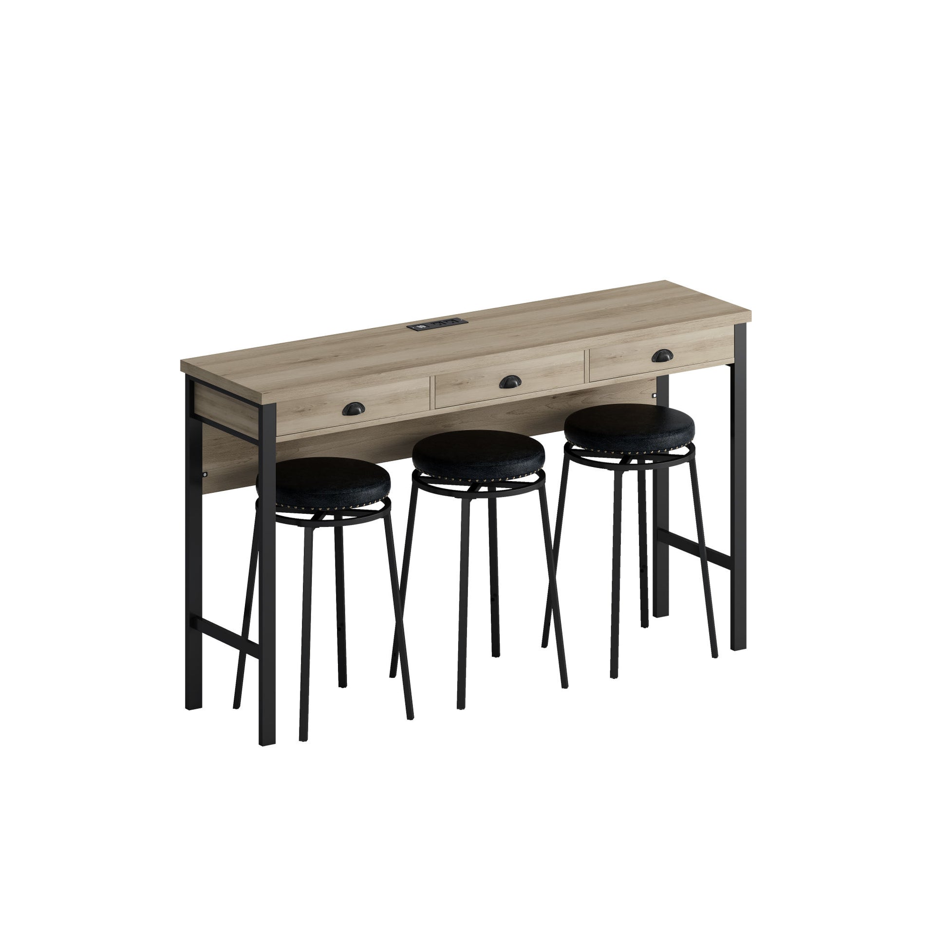 3-Drawer Long Dining Bar Table Set with Power Outlets