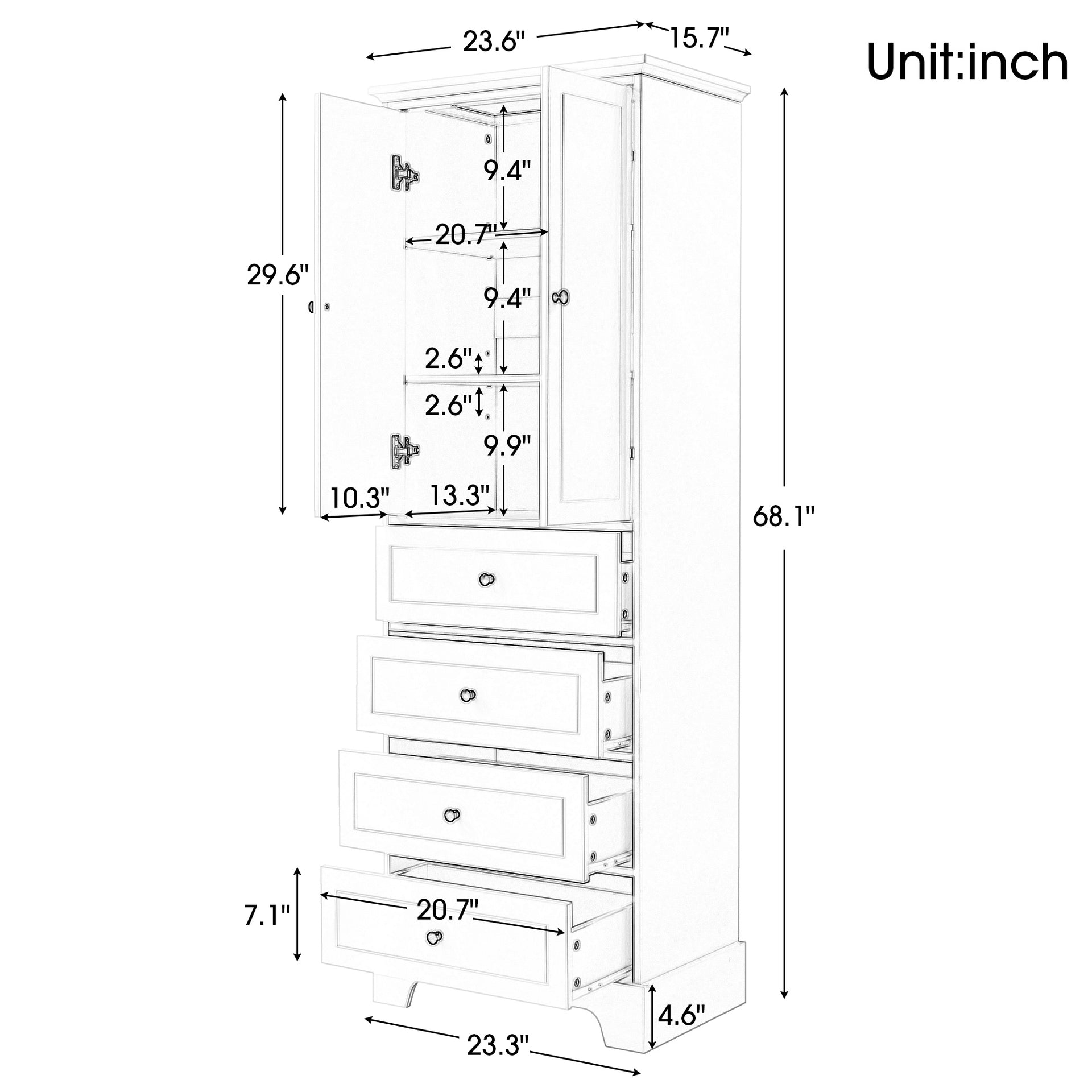 Storage Cabinet with 2 Doors and 4 Drawers, Black