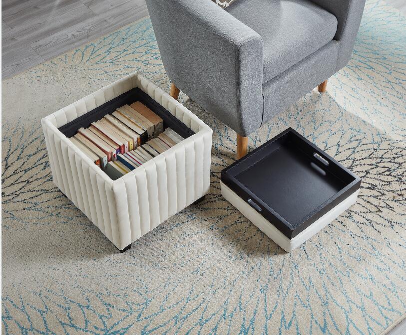 Contemporary Velvet Cube Ottoman Footrest with Coffee Tray