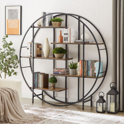 Vintage Industrial 5-Tier Round Metal Shelving and Bookcase Storage Rack