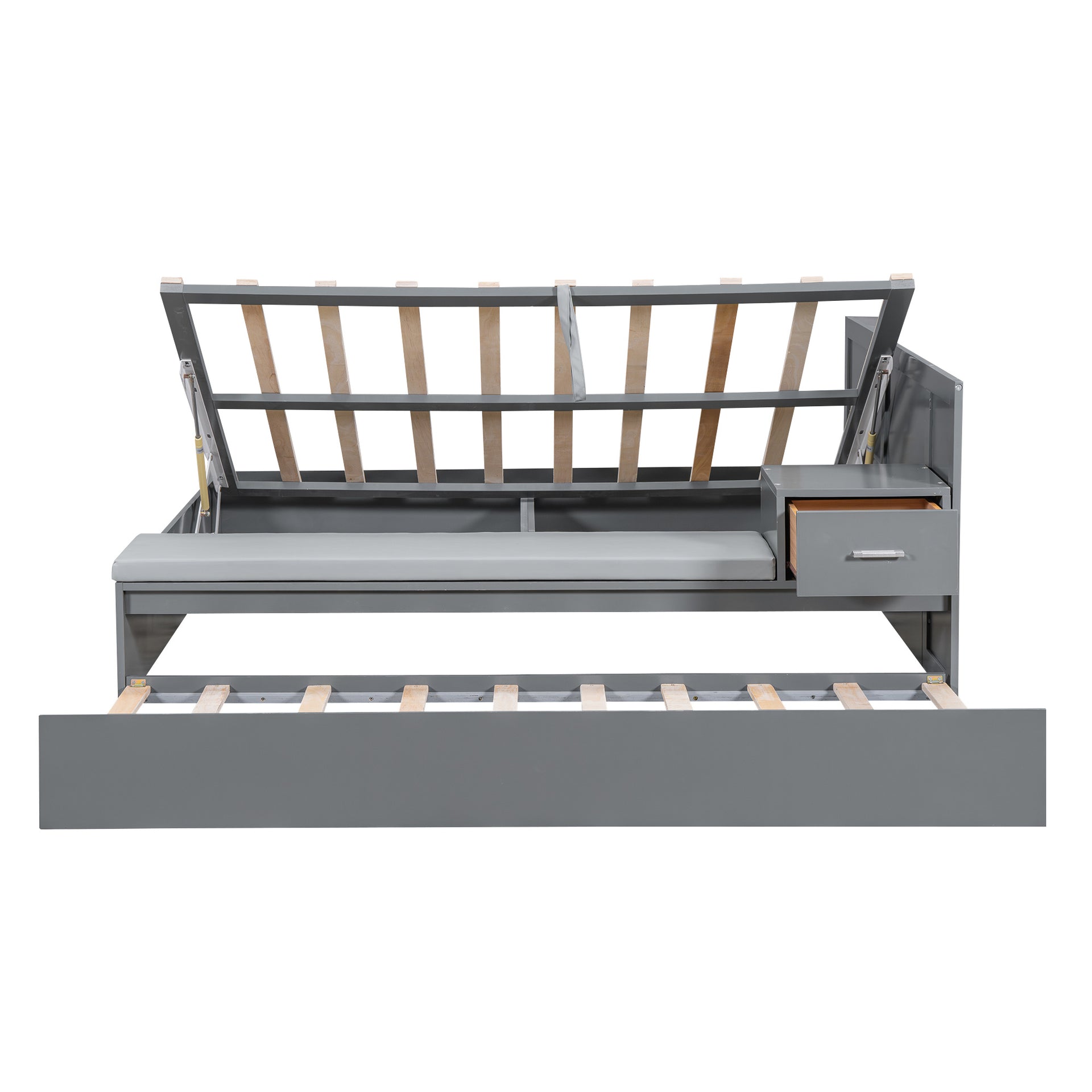 Full Size Hydraulic Platform Bed with Twin Size Trundle, Under-Bed Storage, Side Table and Bench