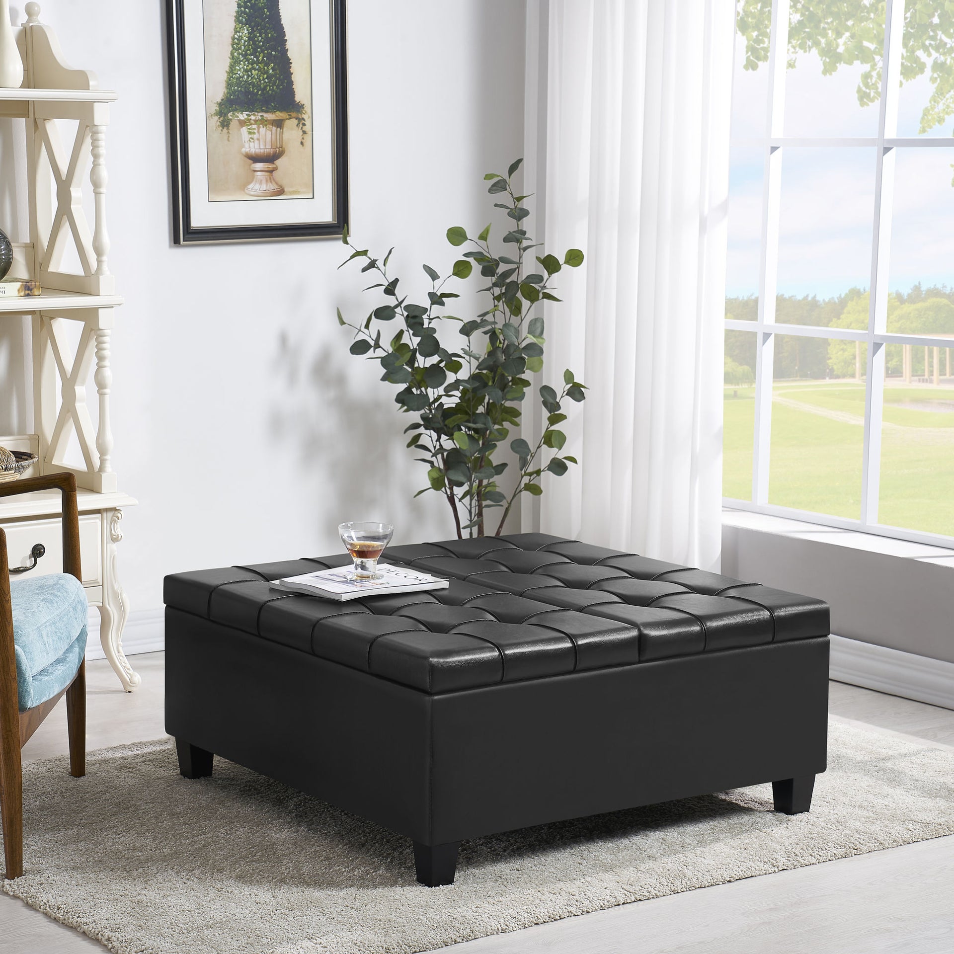 Large Faux Leather Storage Ottoman, Black