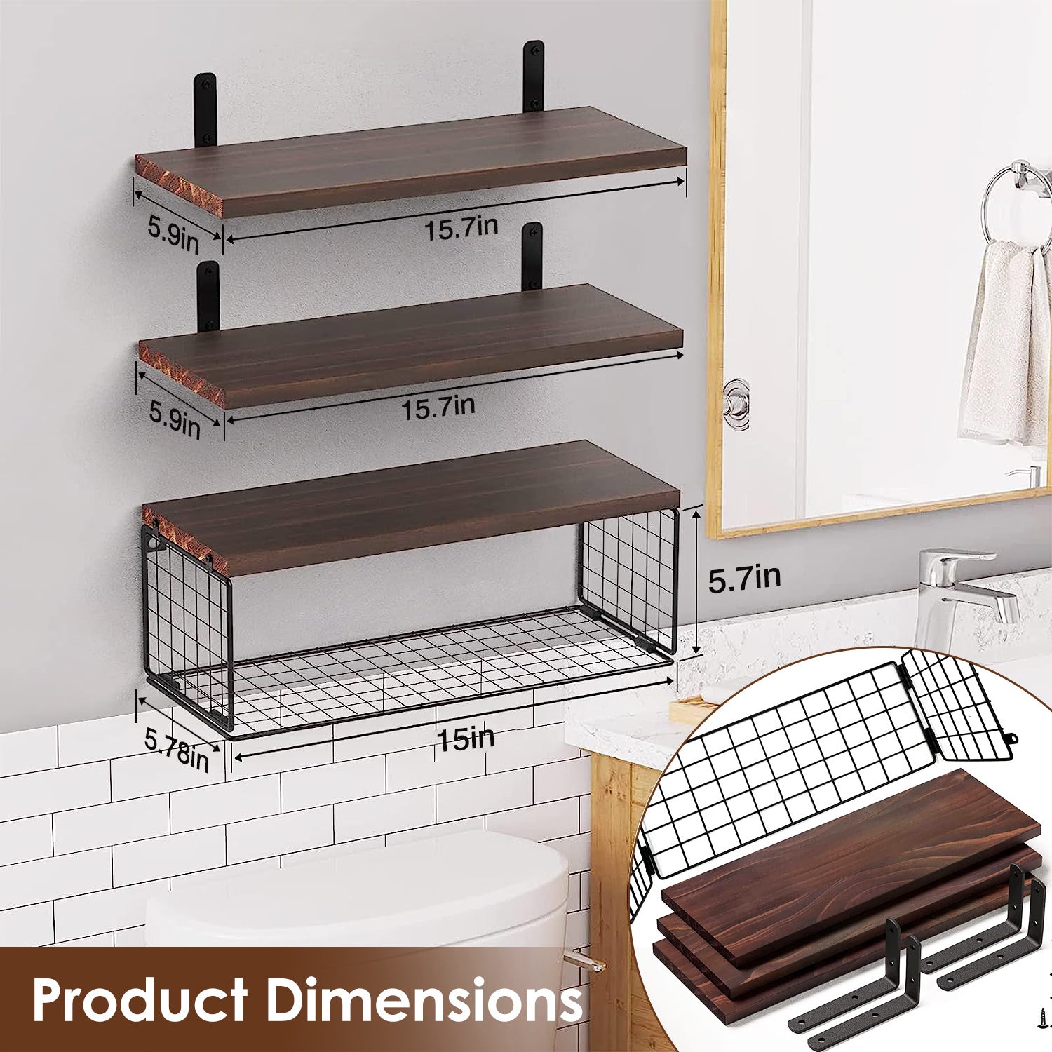 Wall Mounted Floating Shelves with Storage Basket