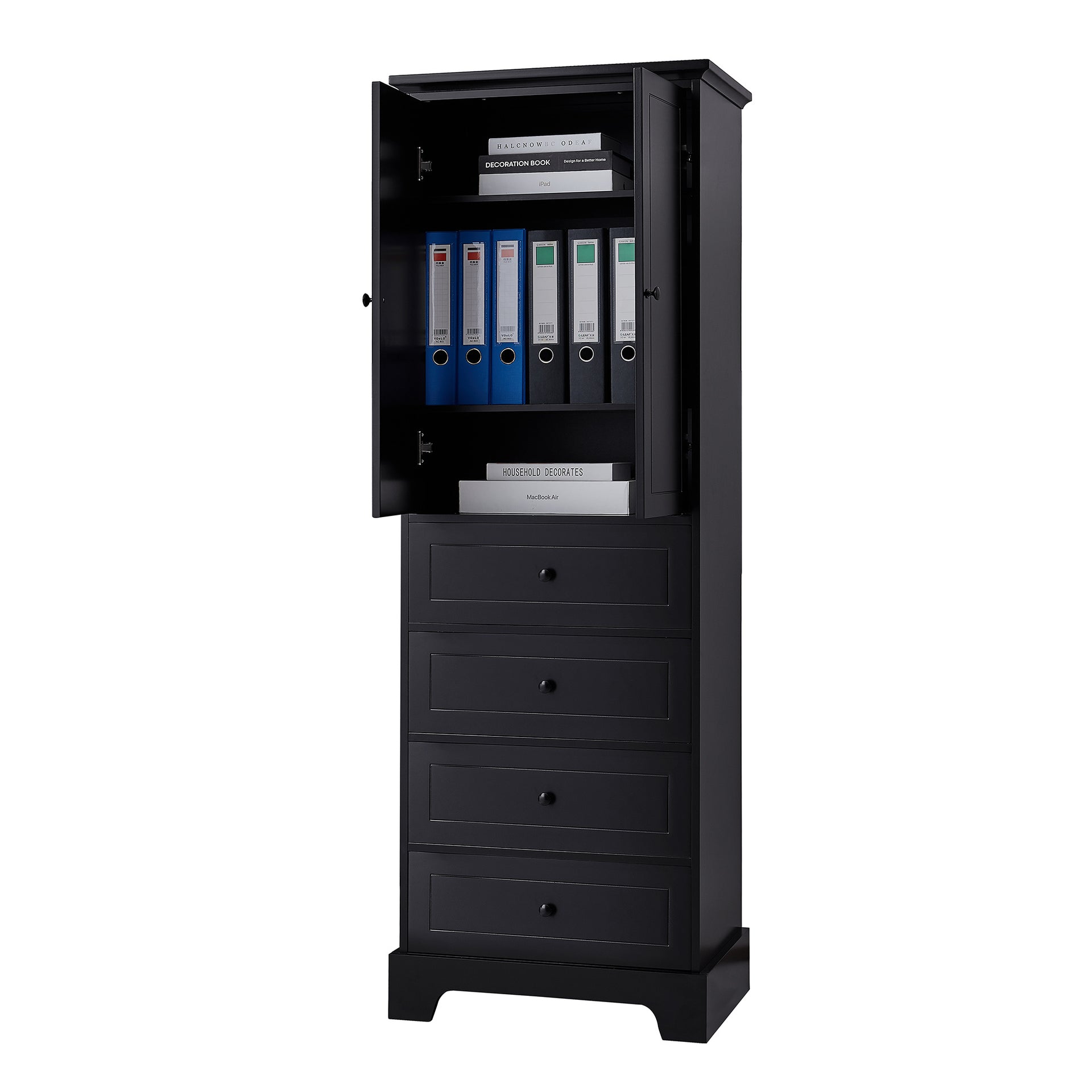 Storage Cabinet with 2 Doors and 4 Drawers, Black