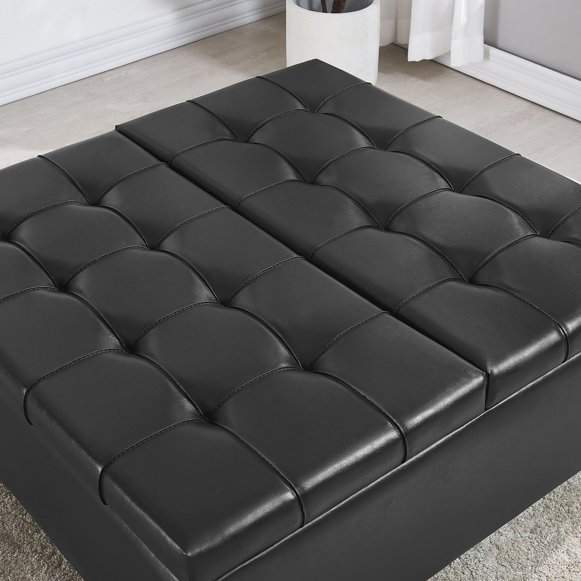 Large Faux Leather Storage Ottoman, Black