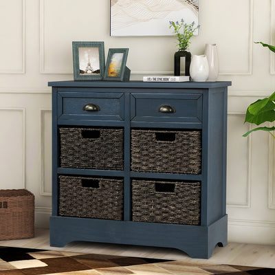 Rustic Storage Cabinet with Two Drawers and Four Rattan Baskets, Blue