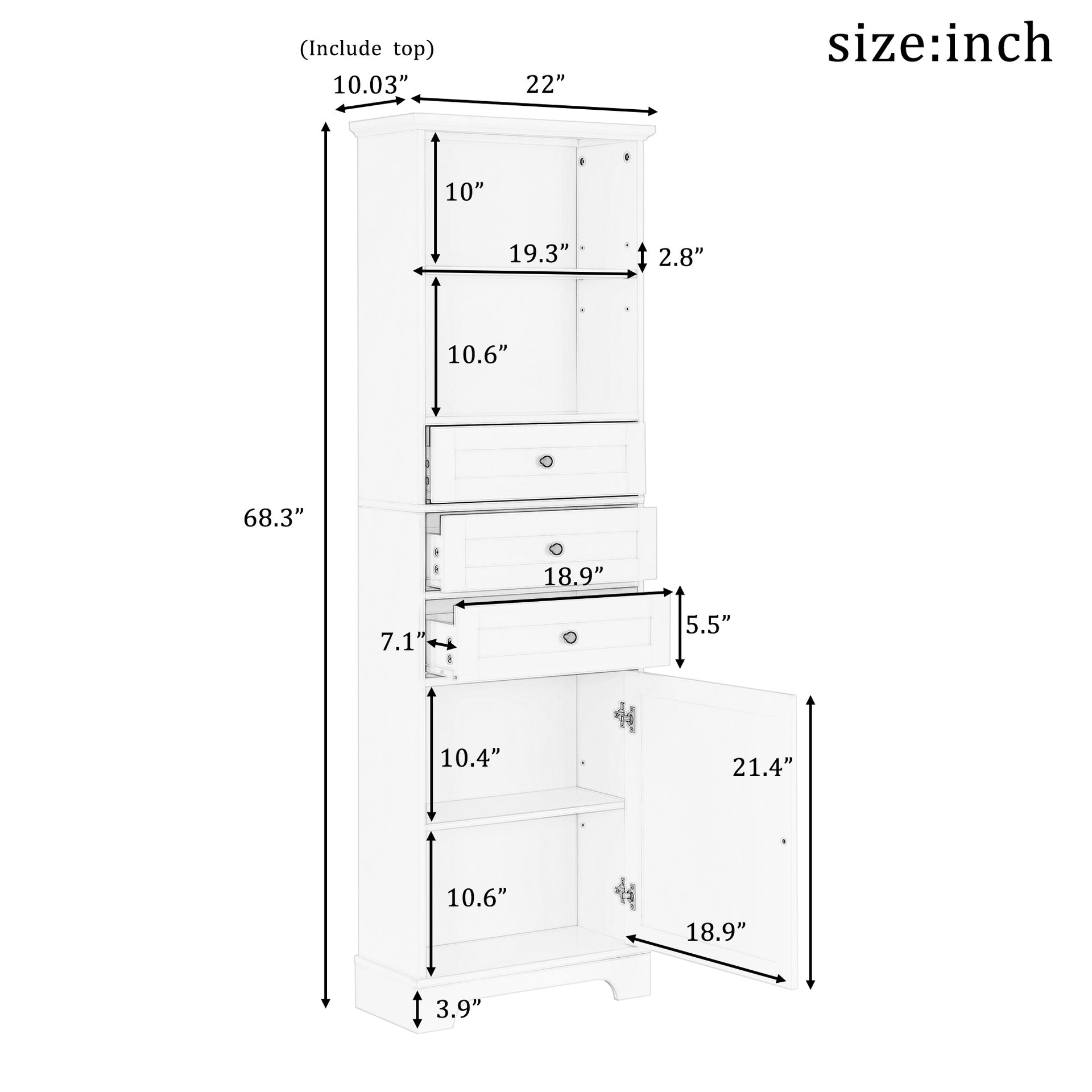 Tall Storage Cabinet with 3 Drawers and Adjustable Shelves