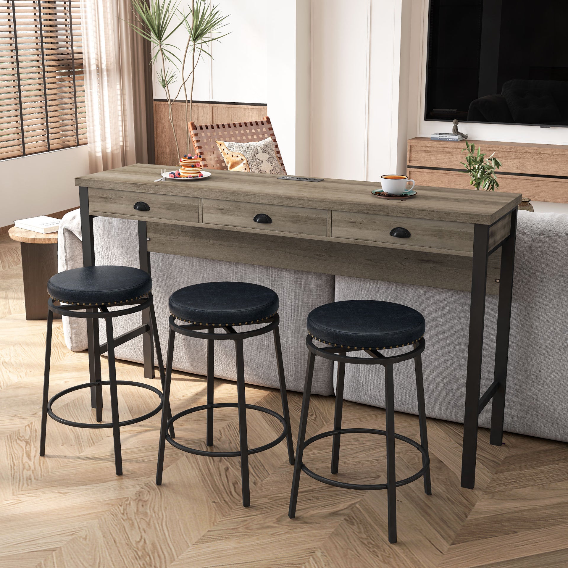 3-Drawer Long Dining Bar Table Set with Power Outlets