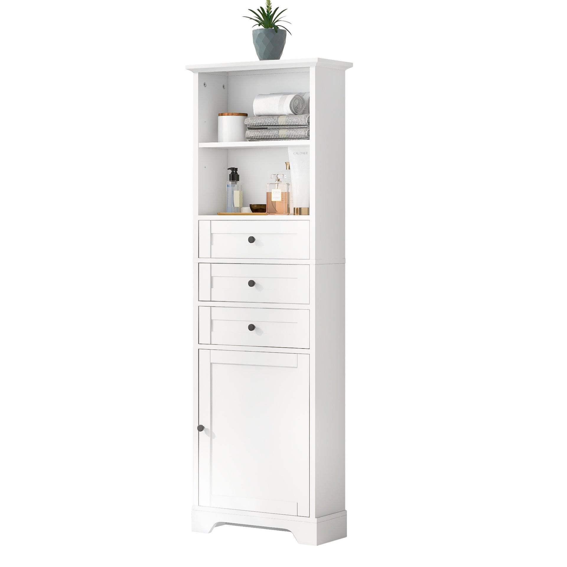 Tall Storage Cabinet with 3 Drawers and Adjustable Shelves