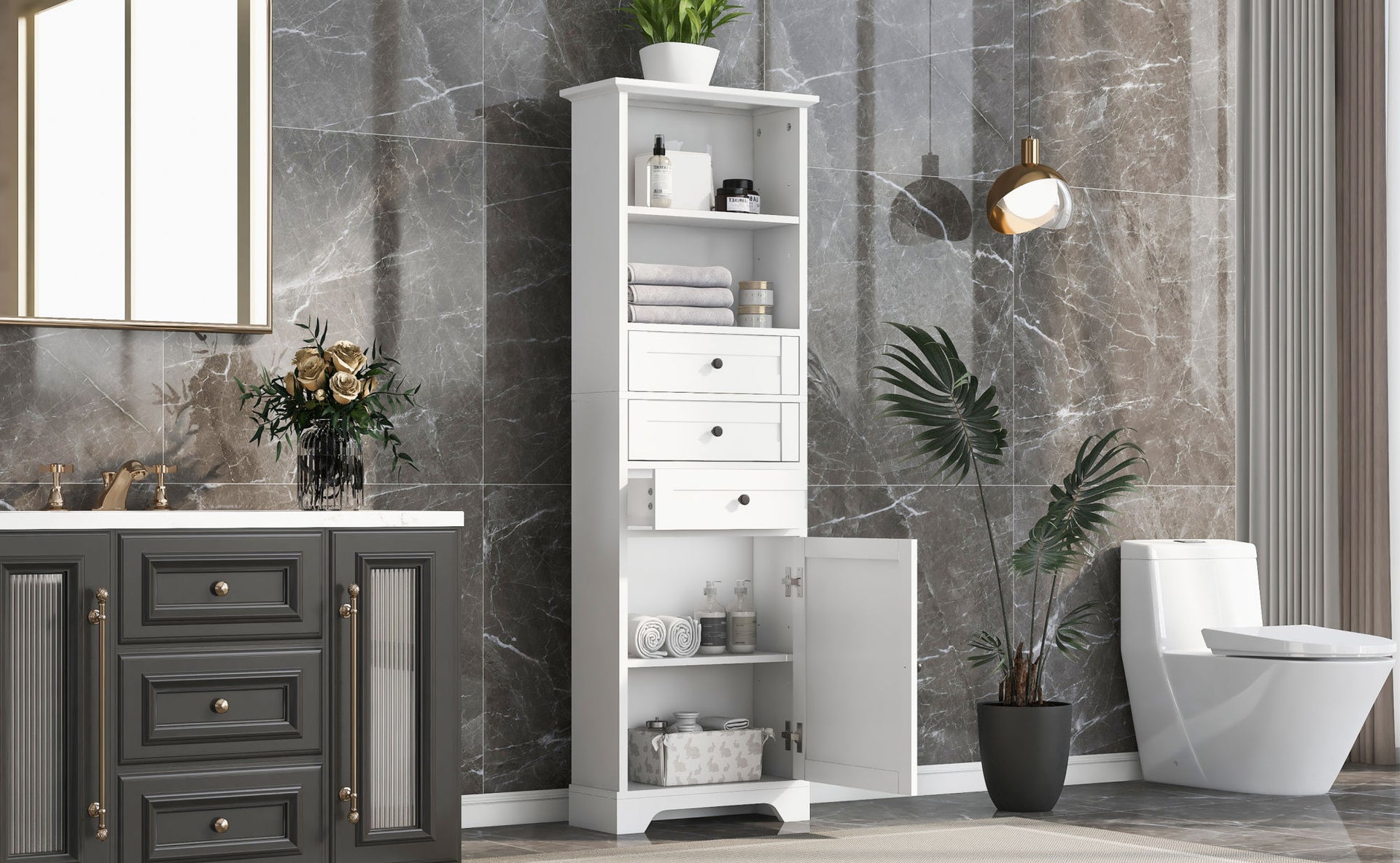 Tall Storage Cabinet with 3 Drawers and Adjustable Shelves