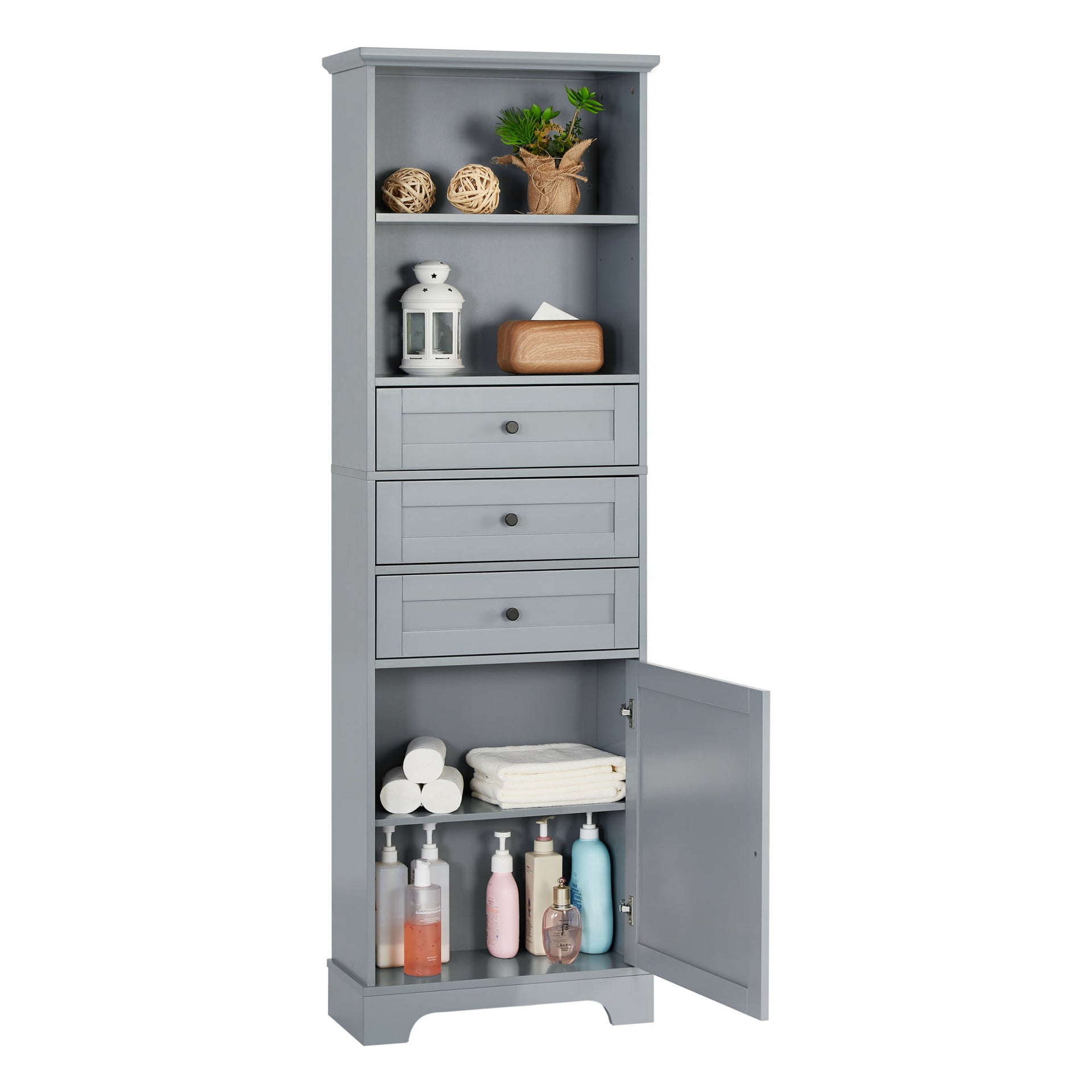 Tall Storage Cabinet with 3 Drawers and Adjustable Shelves