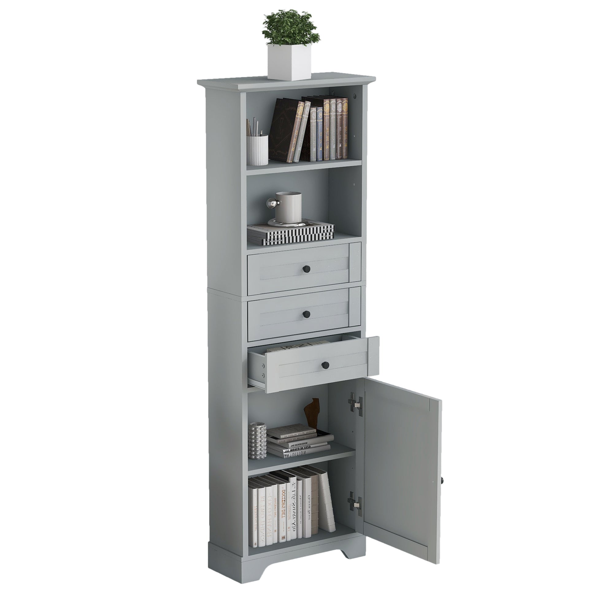 Tall Storage Cabinet with 3 Drawers and Adjustable Shelves