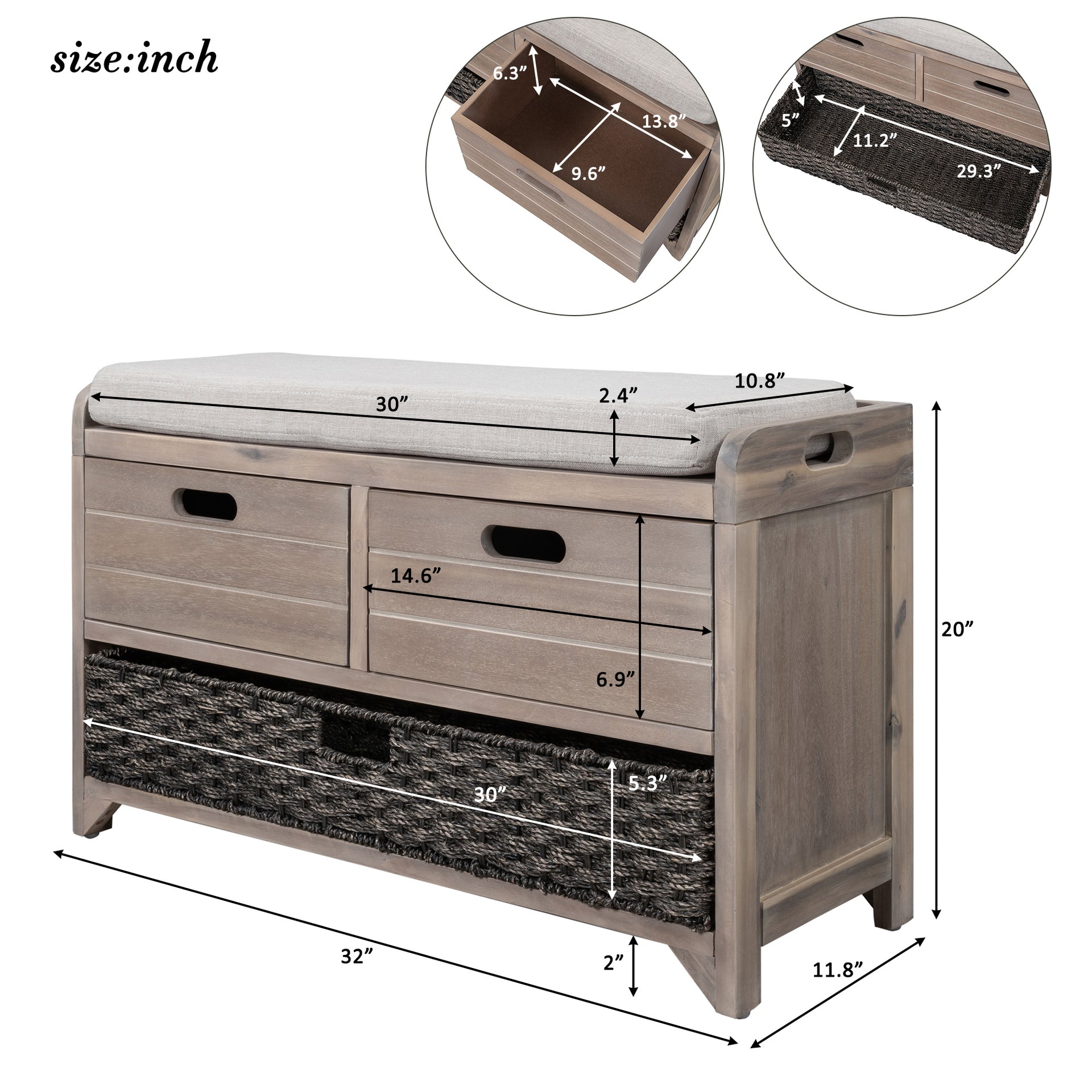 Cushioned Storage Bench with Removable Basket and 2 Drawers