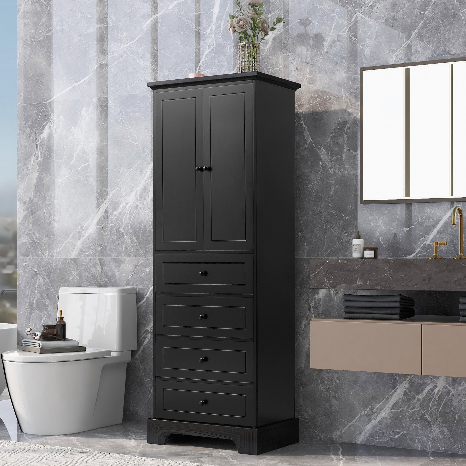 Storage Cabinet with 2 Doors and 4 Drawers, Black