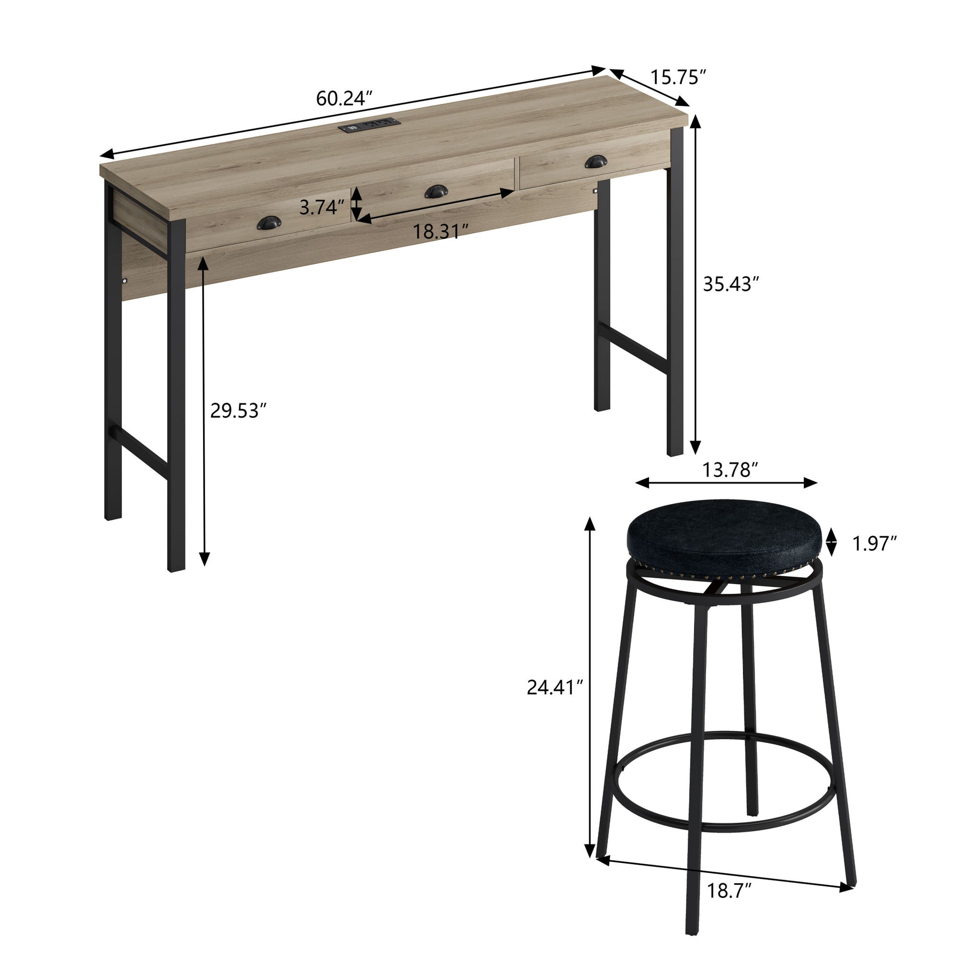 3-Drawer Long Dining Bar Table Set with Power Outlets